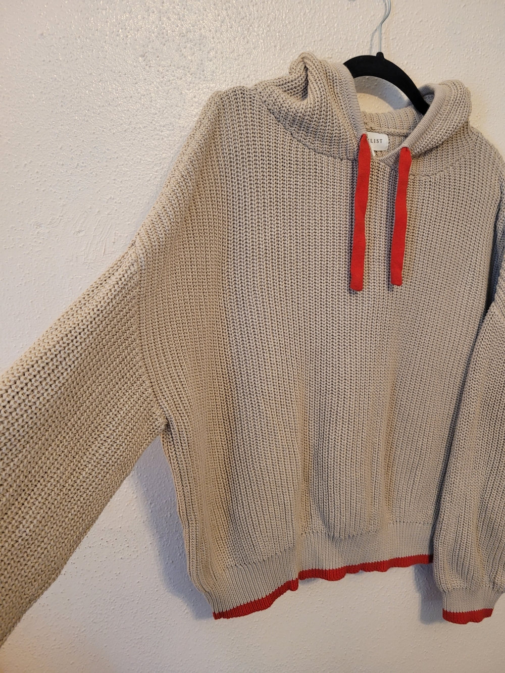 Wishlist Chunky Knit Hooded Sweater Beige Red Trim 100% Cotton Medium - Picture 2 of 9